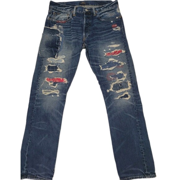Polo Ralph Lauren Mens Classic Fit Patchwork Bandana Distressed Denim Jeans - Picture 2 of 16
